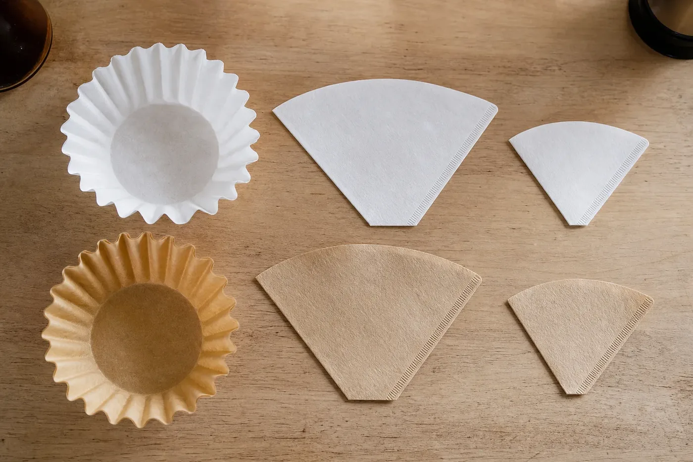 Basket and cone paper coffee filters in white and brown unbleached paper