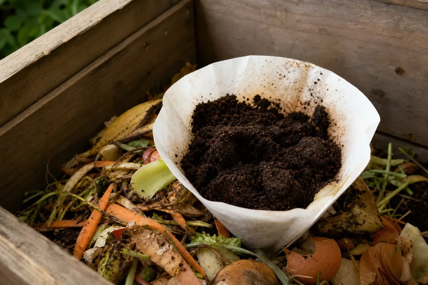 A used paper coffee filter with grounds on a compost heap