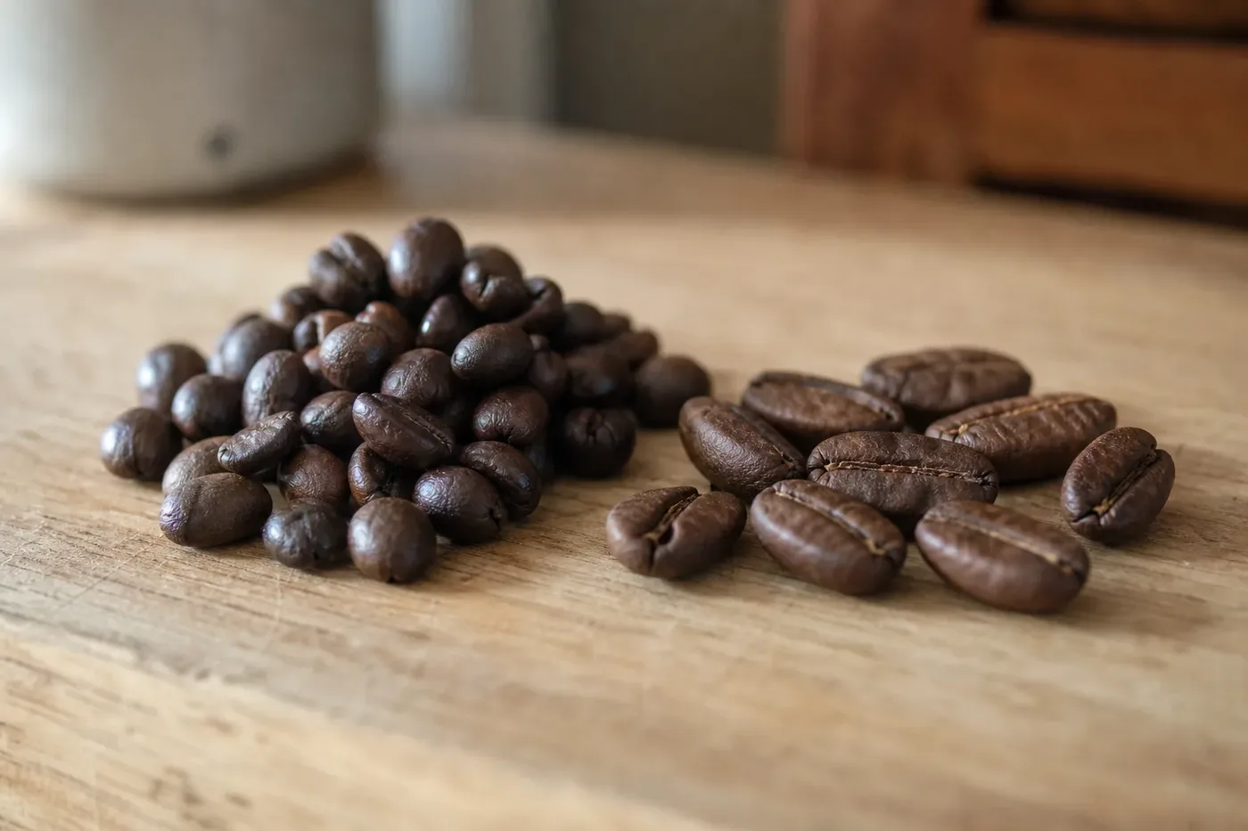 A small pile of round peaberry coffee beans beside flat-sided beans on a wooden table