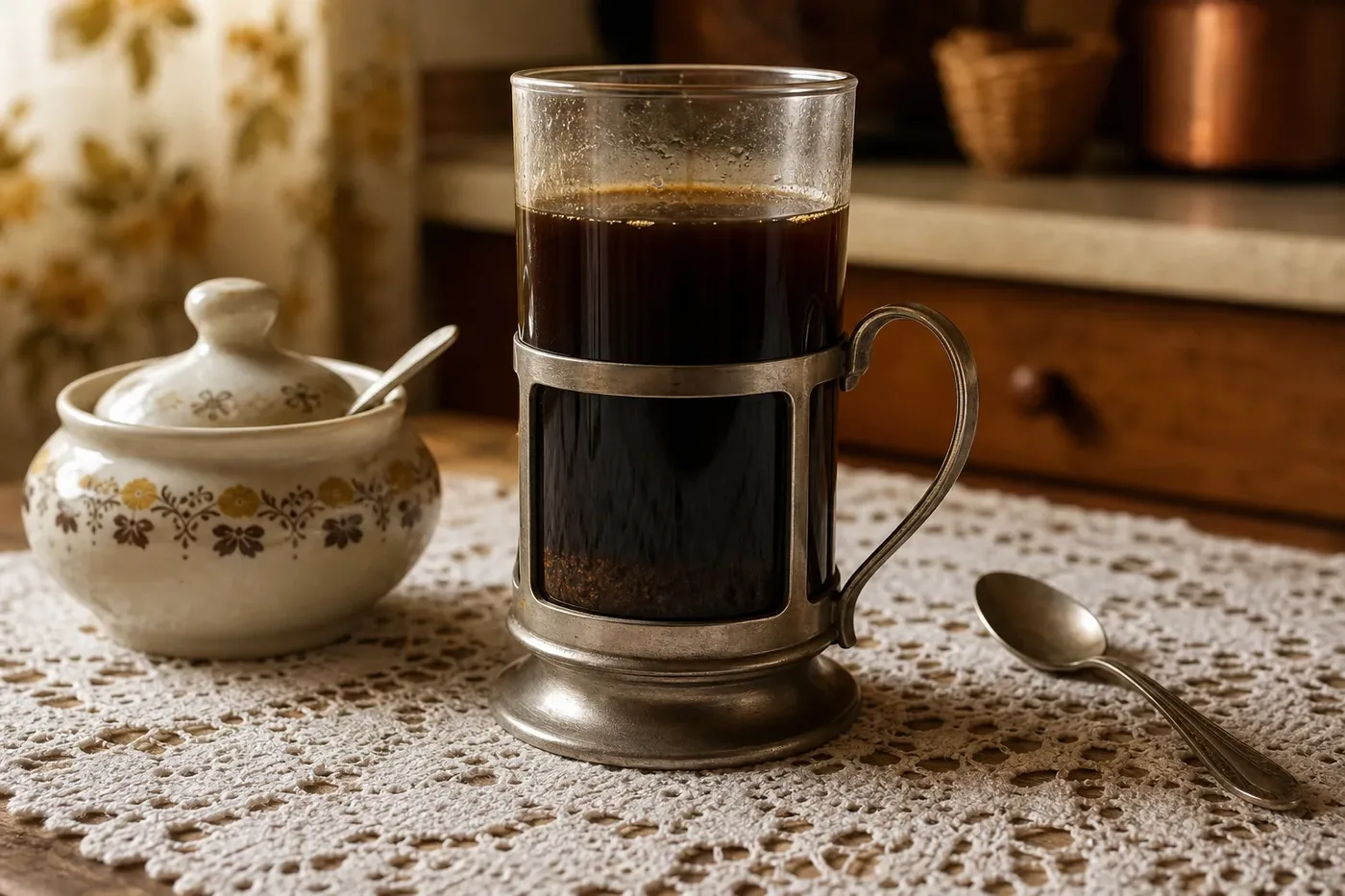 Polish coffee in a glass with the grounds settled at the bottom