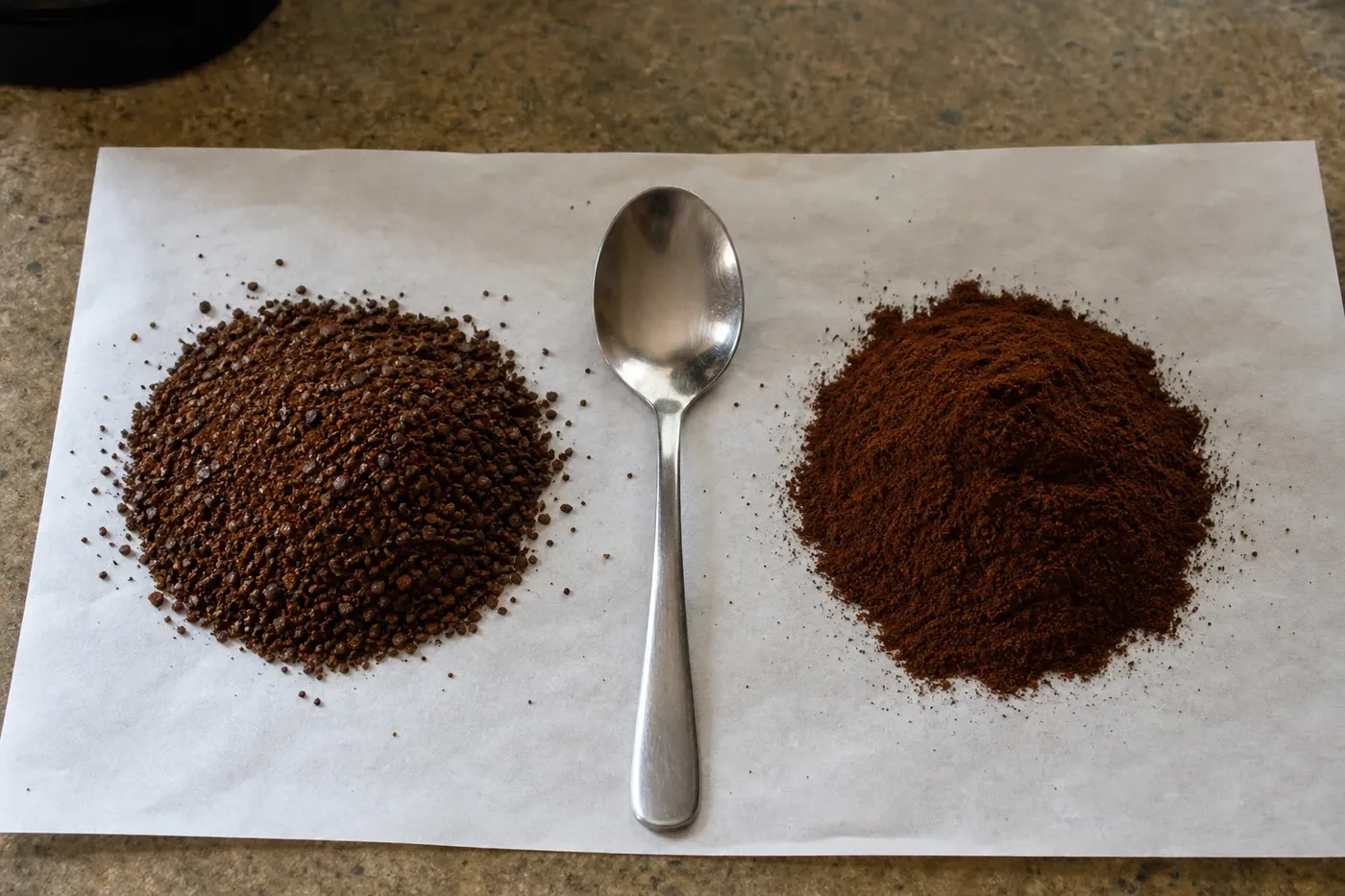 A coarse filter grind beside a fine espresso grind