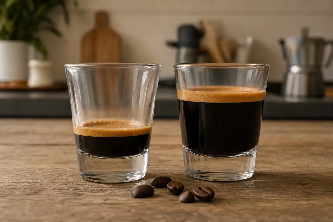A short ristretto beside a taller espresso in two clear shot glasses