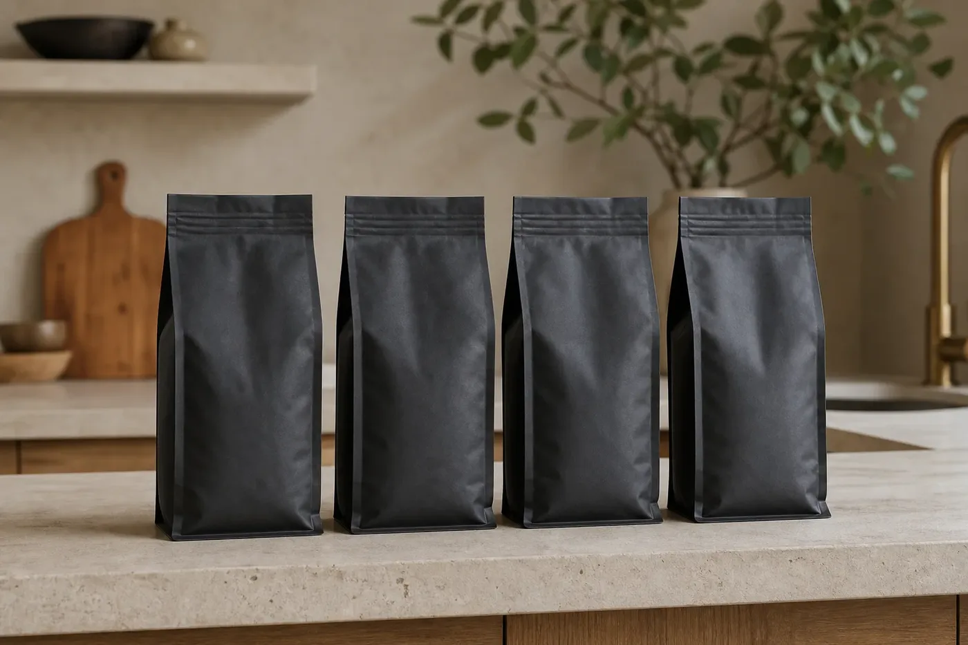 Four identical plain coffee bags in a neat line