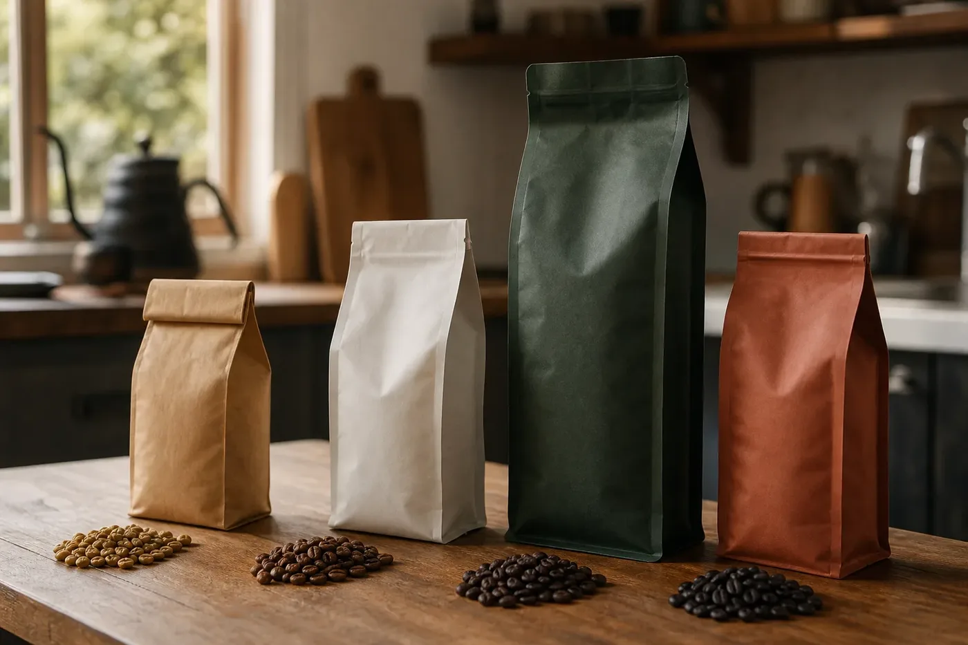 Four different coffee bags fanned out, each with a small pile of beans of a different roast