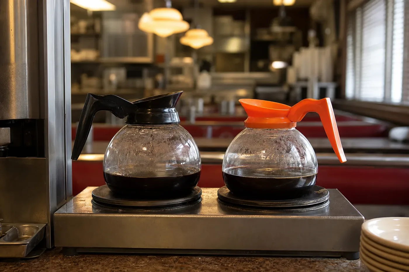 A diner coffee pot with an orange handle for decaf beside a regular black-handled pot
