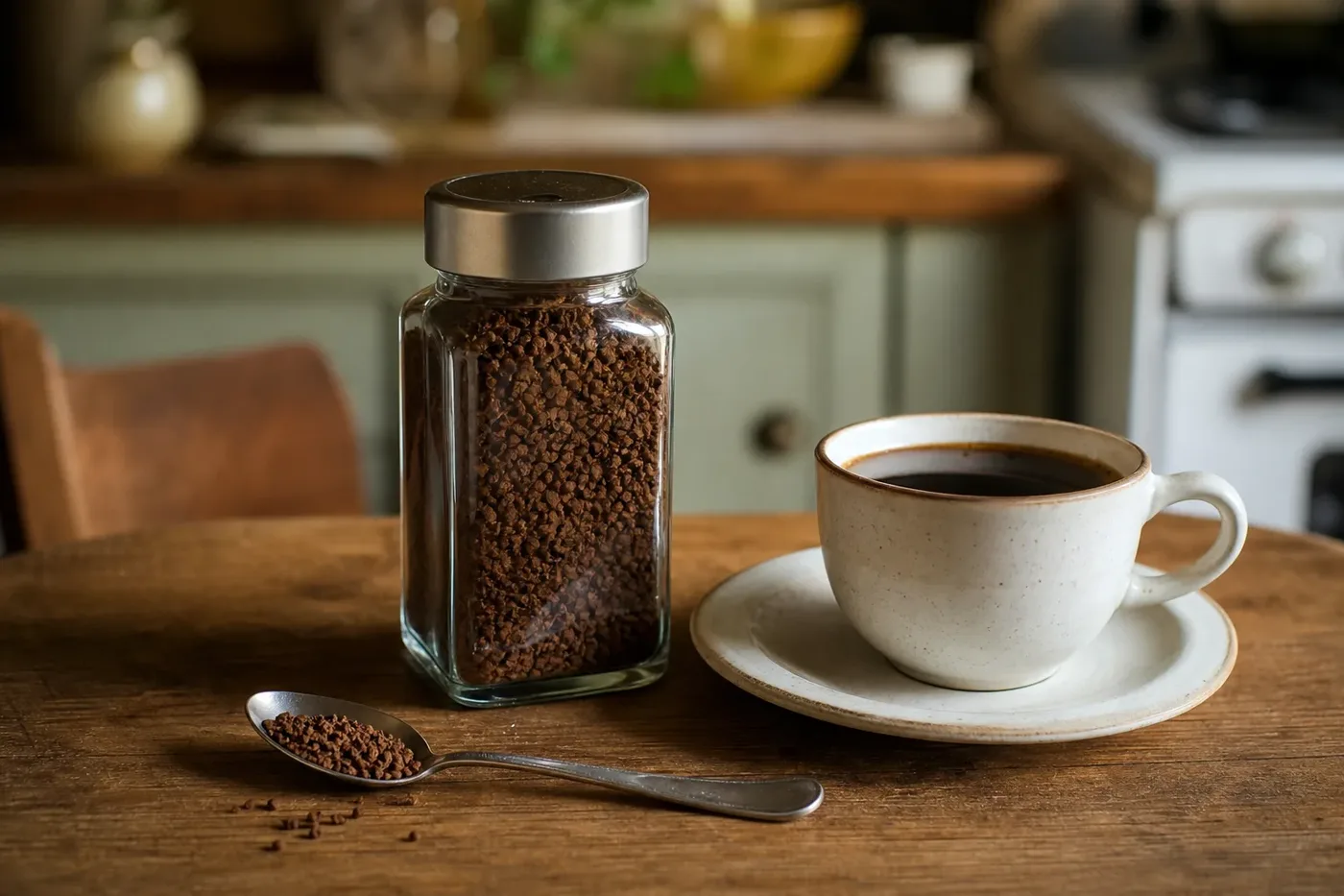 An unlabelled jar of instant decaf coffee granules beside a cup of coffee