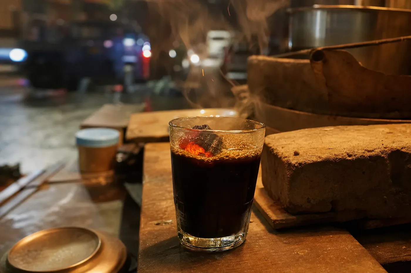 A glass of kopi joss coffee with a glowing piece of charcoal dropped in