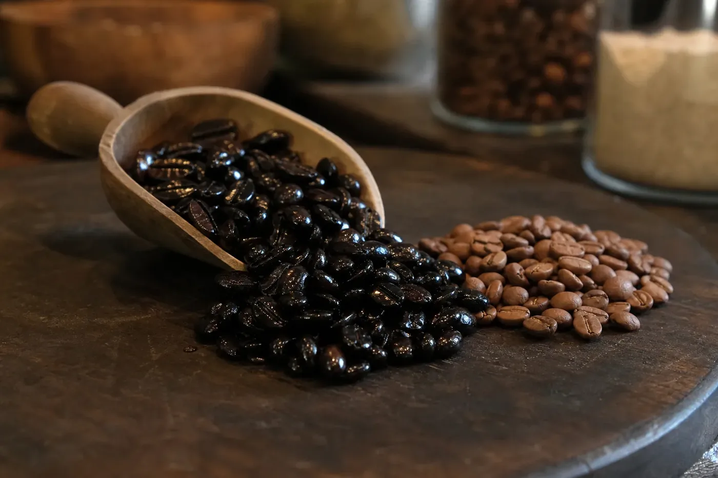 Glossy dark torrefacto coffee beans beside ordinary matte medium roast beans