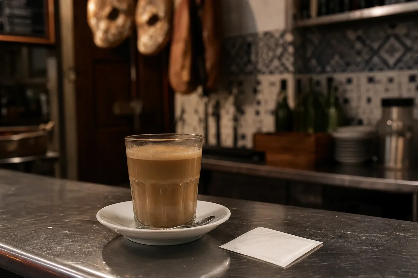 Cafe con leche in a glass on the counter of a traditional Spanish bar