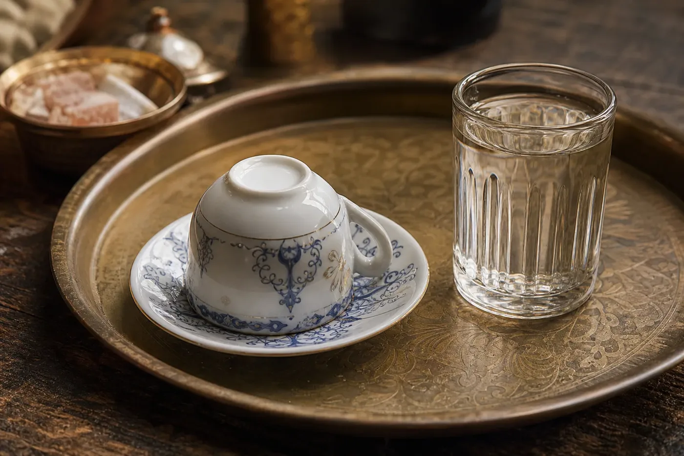 A Turkish coffee cup turned upside down on its saucer beside a glass of water