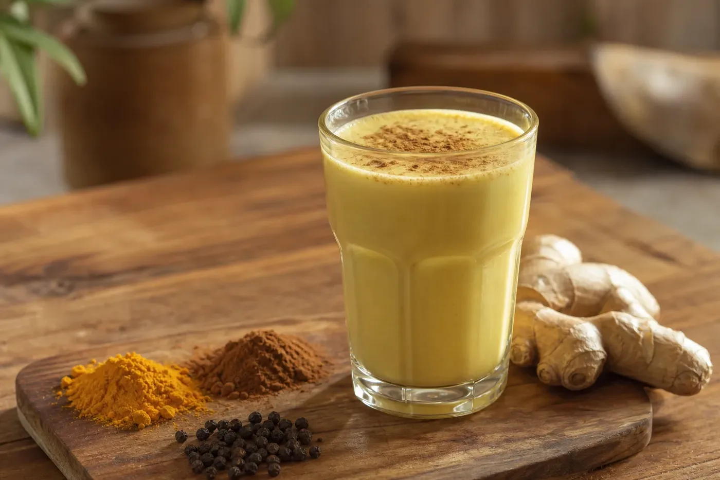 A glass of golden turmeric coffee beside heaps of turmeric, cinnamon, ginger and peppercorns
