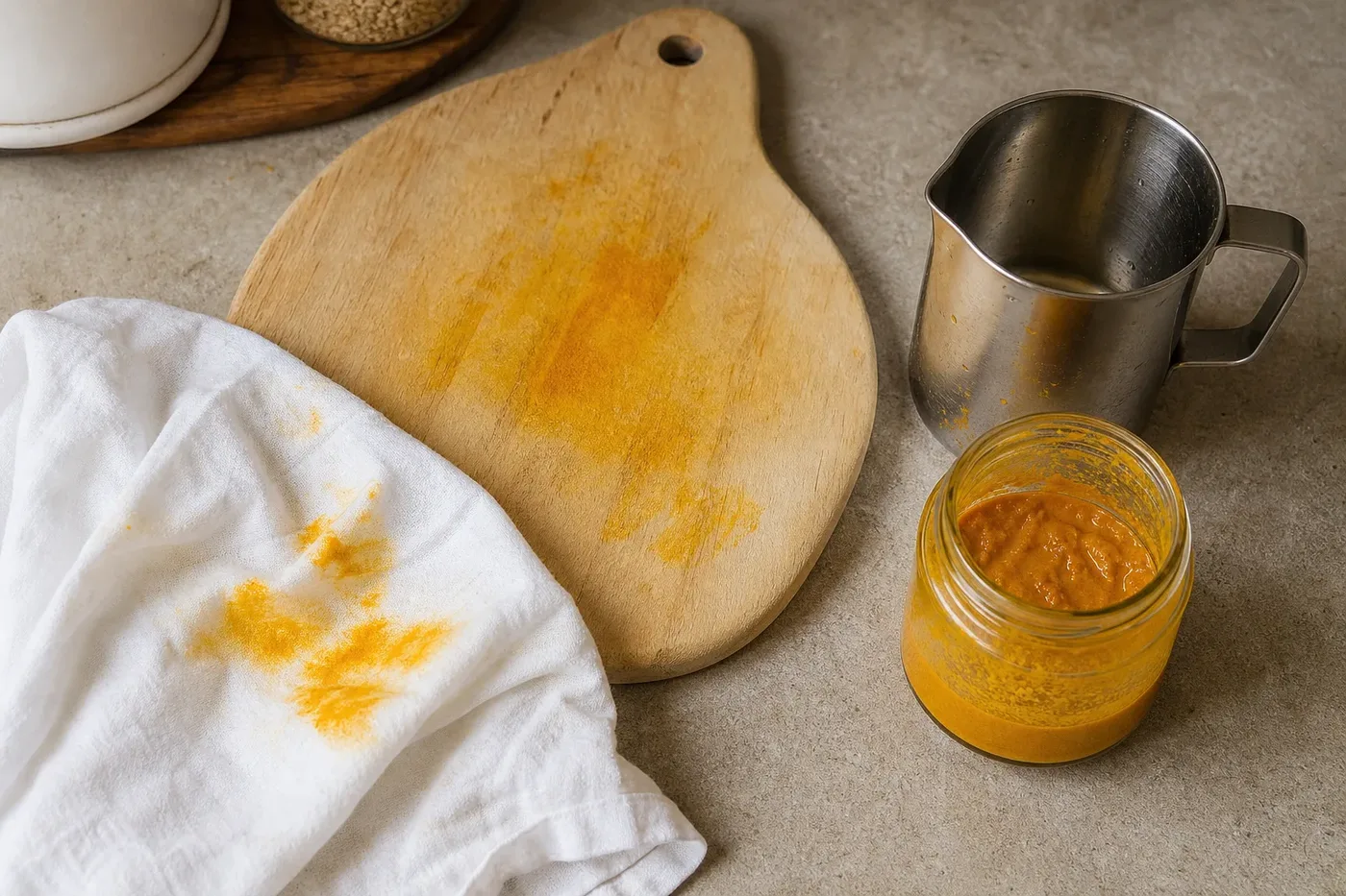 Yellow turmeric stains left on a wooden board and a cloth
