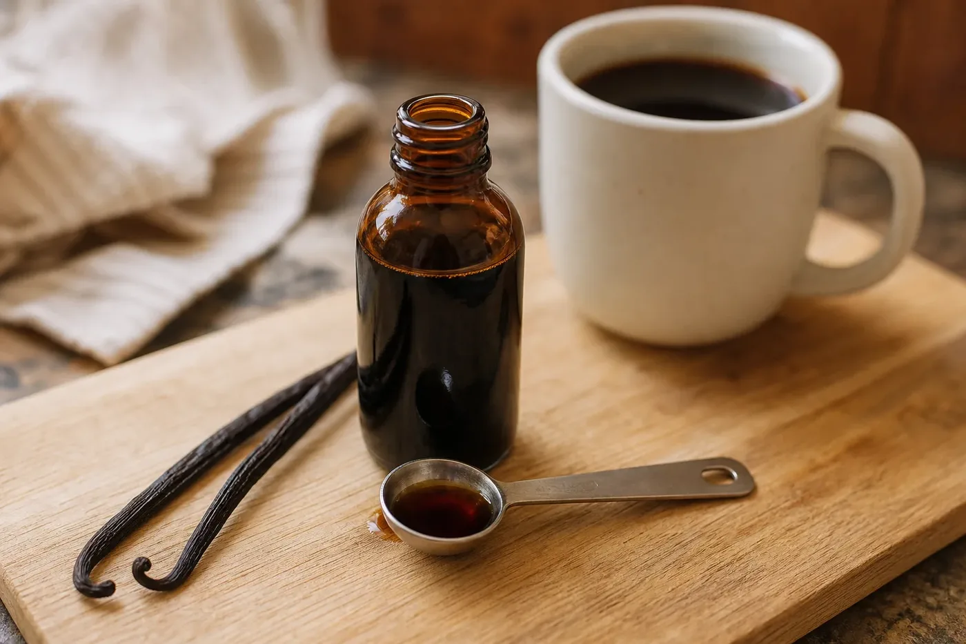 A measured quarter teaspoon of vanilla extract beside an unlabelled bottle, vanilla pods and a mug of coffee