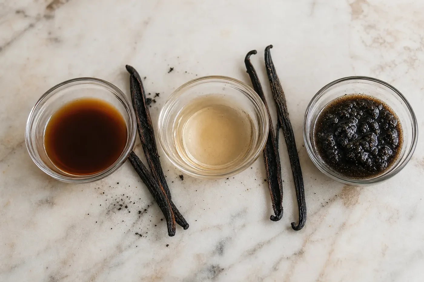 Vanilla extract, paler imitation vanilla and thick dark vanilla paste in three glass dishes