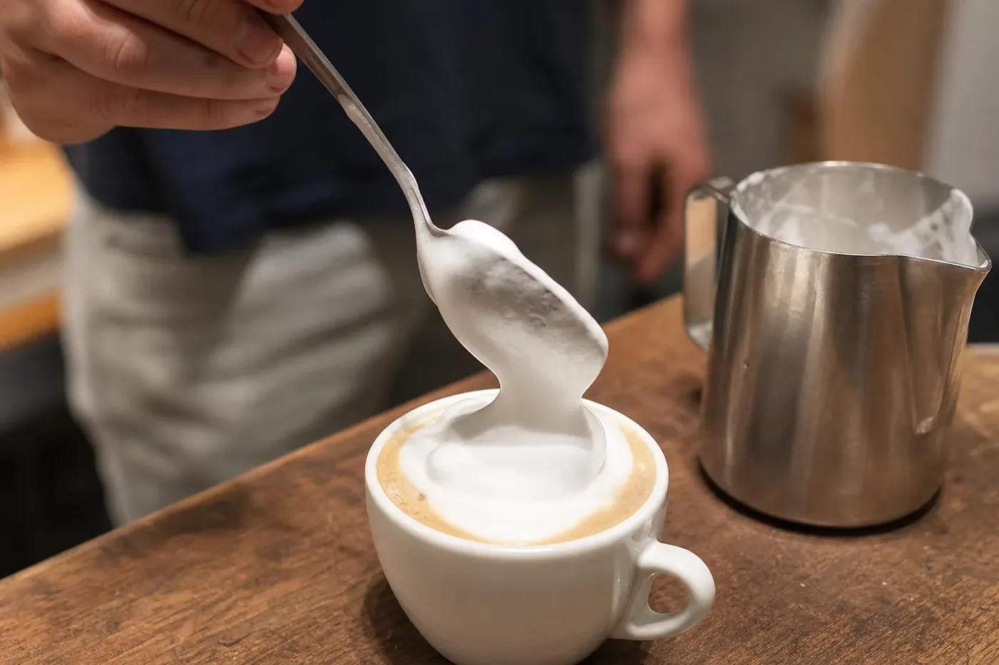 Thick milk foam being spooned onto a dry cappuccino