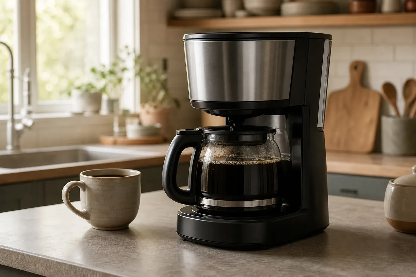 A drip coffee maker with a full carafe of coffee and a mug beside it