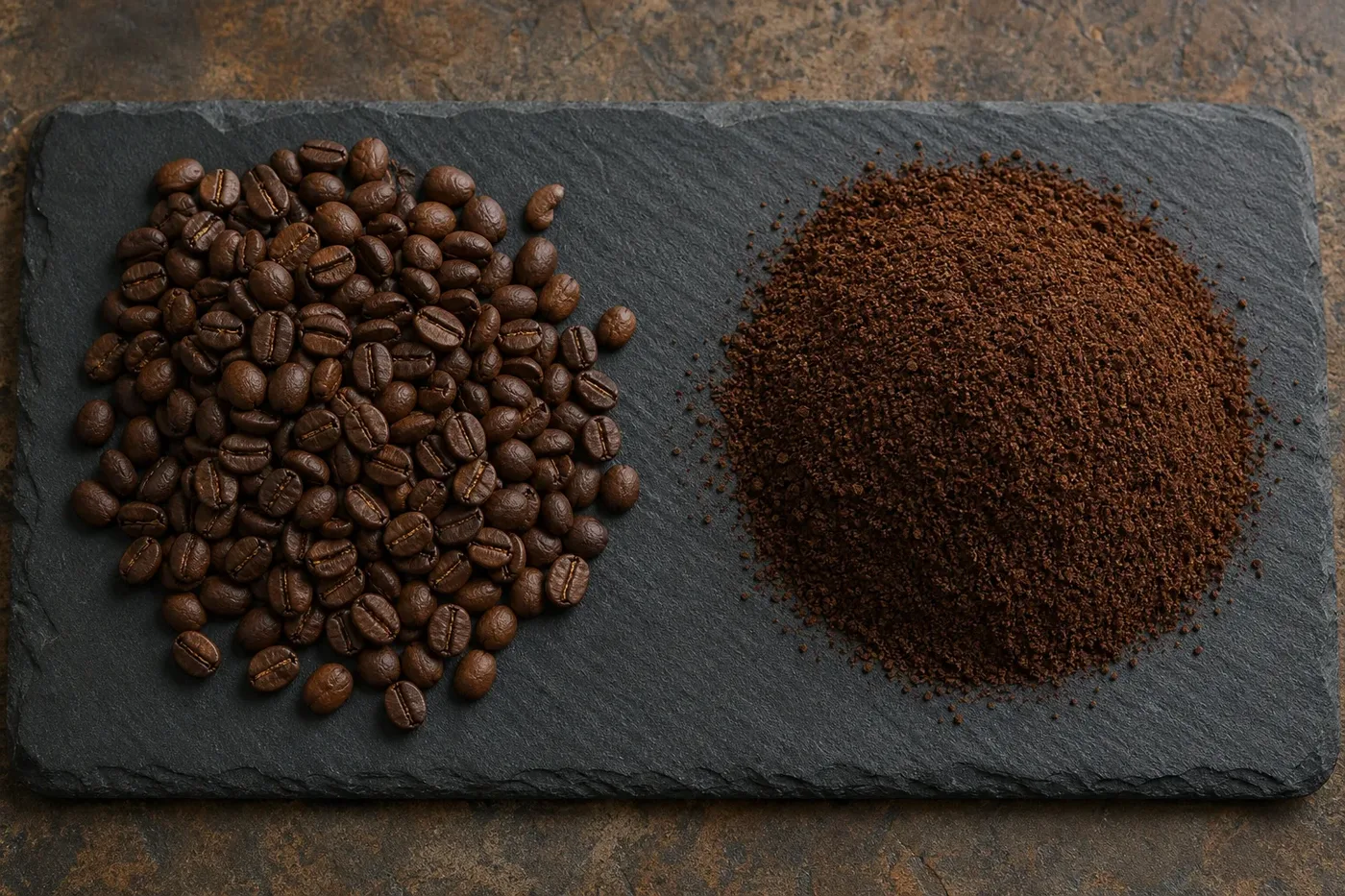 Whole coffee beans beside a heap of ground coffee on a slate board