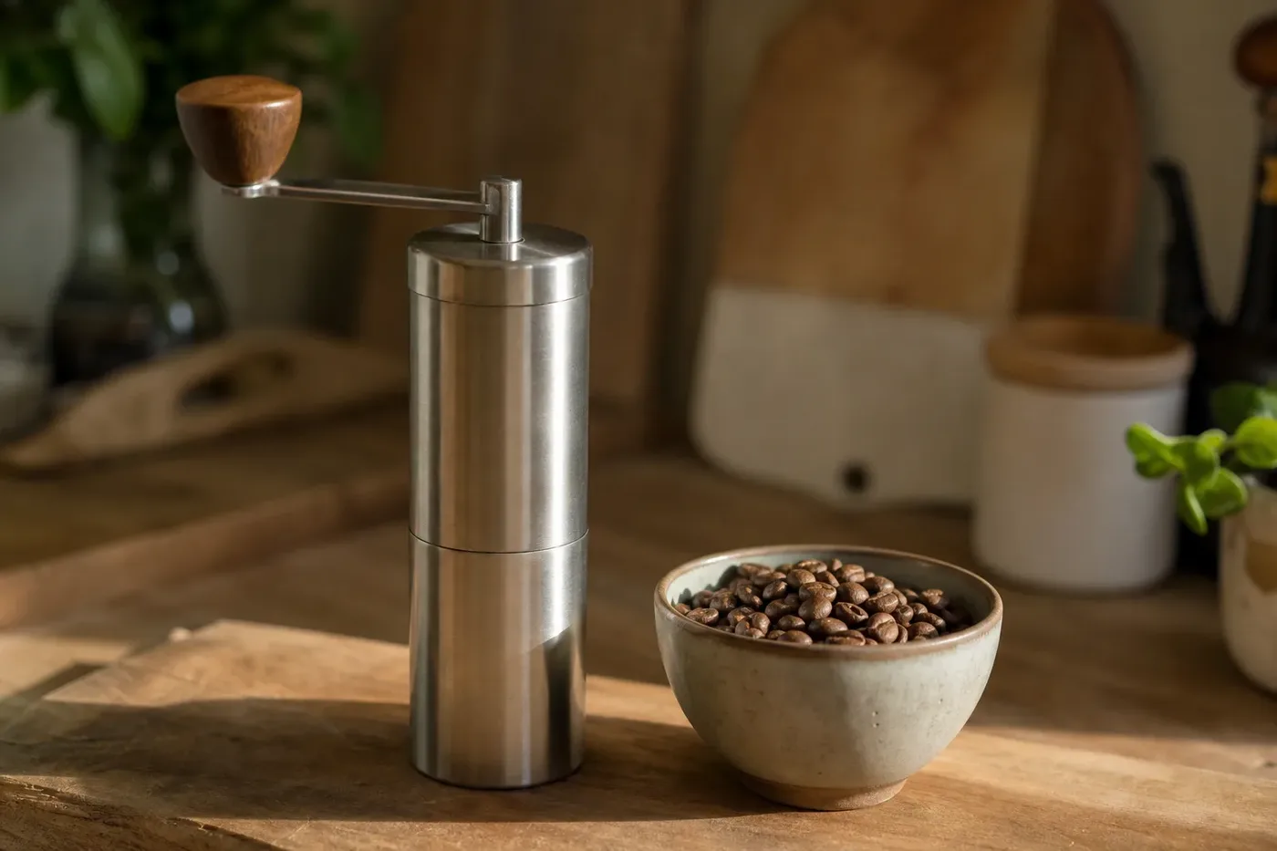 A hand coffee grinder beside a bowl of whole beans