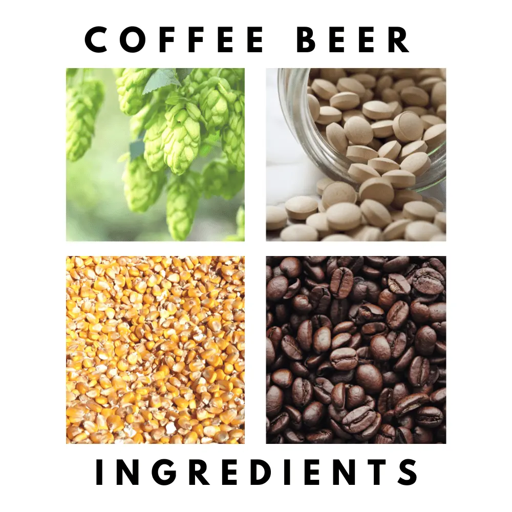 Hops, Grains, Yeast and Coffee Beans displaying Coffee Beer Ingredients