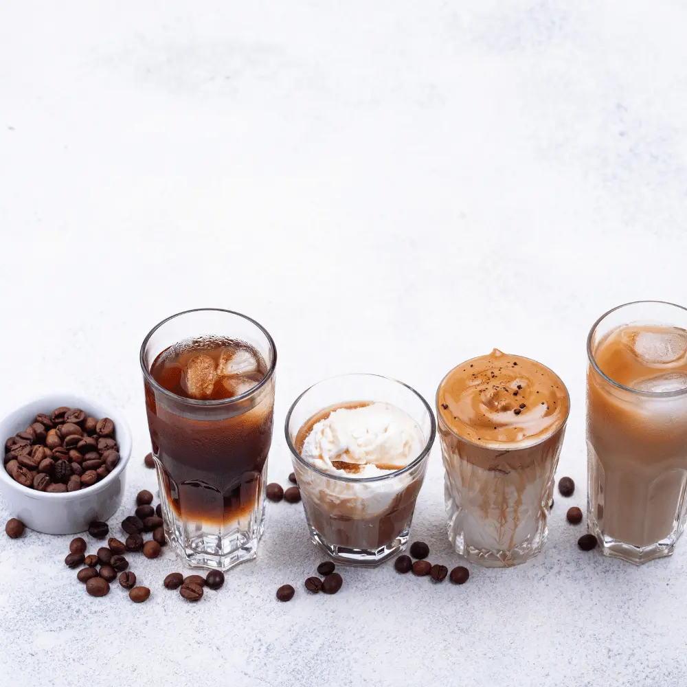 different types of cold coffee drinks with roasted coffee beans