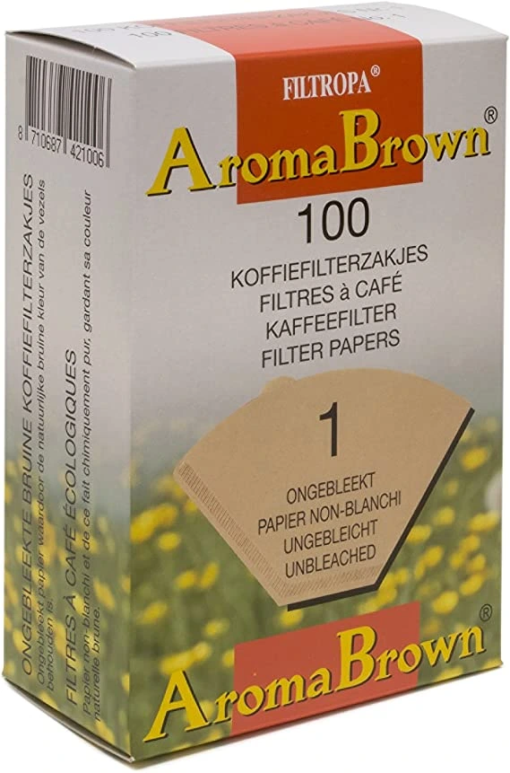 a box of filtropa aromabrown unbleached disposable cone paper coffee filters for pour over coffee