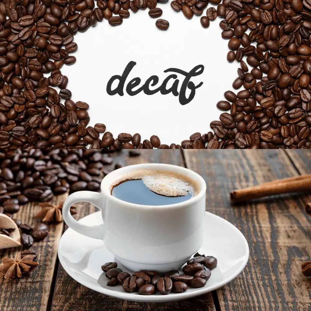 a cup of lazy eye coffee with coffee beans and the word decaf
