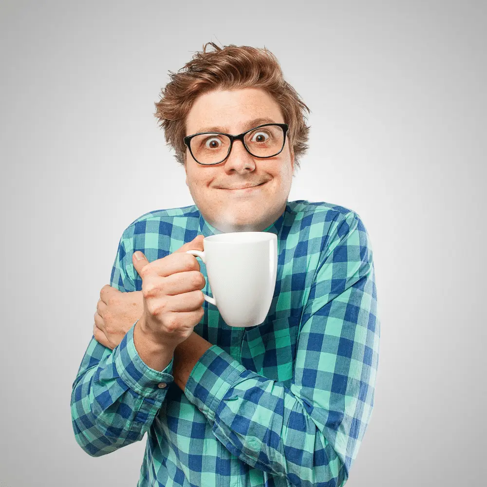 man wired on caffeine after drinking a black eye coffee