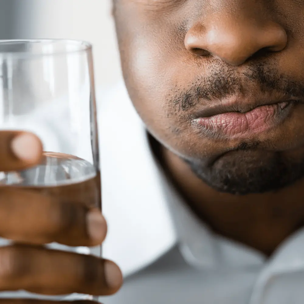 man rinsing mouth with water after coffee