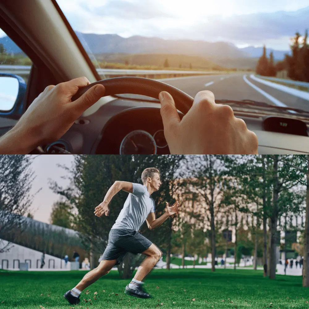 man driving down a road and a man running across a field