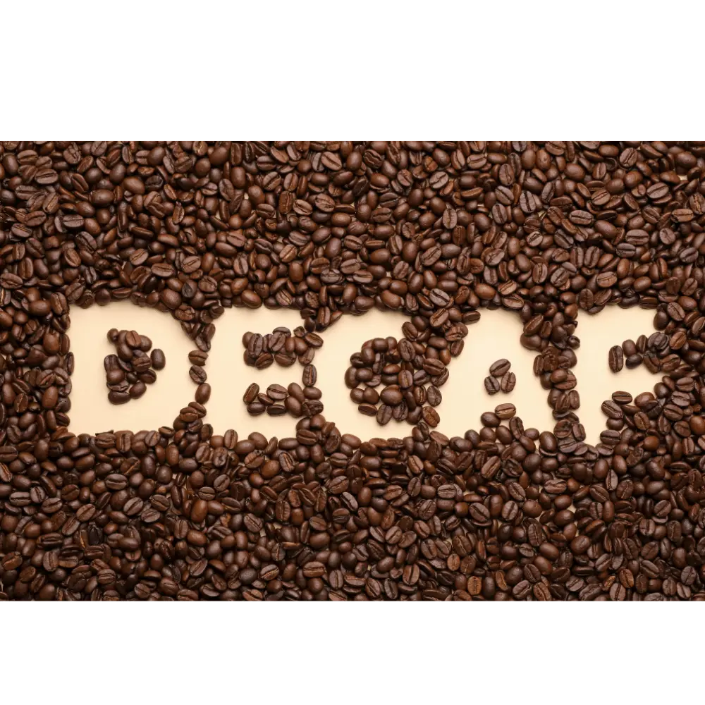 decaf written with coffee beans