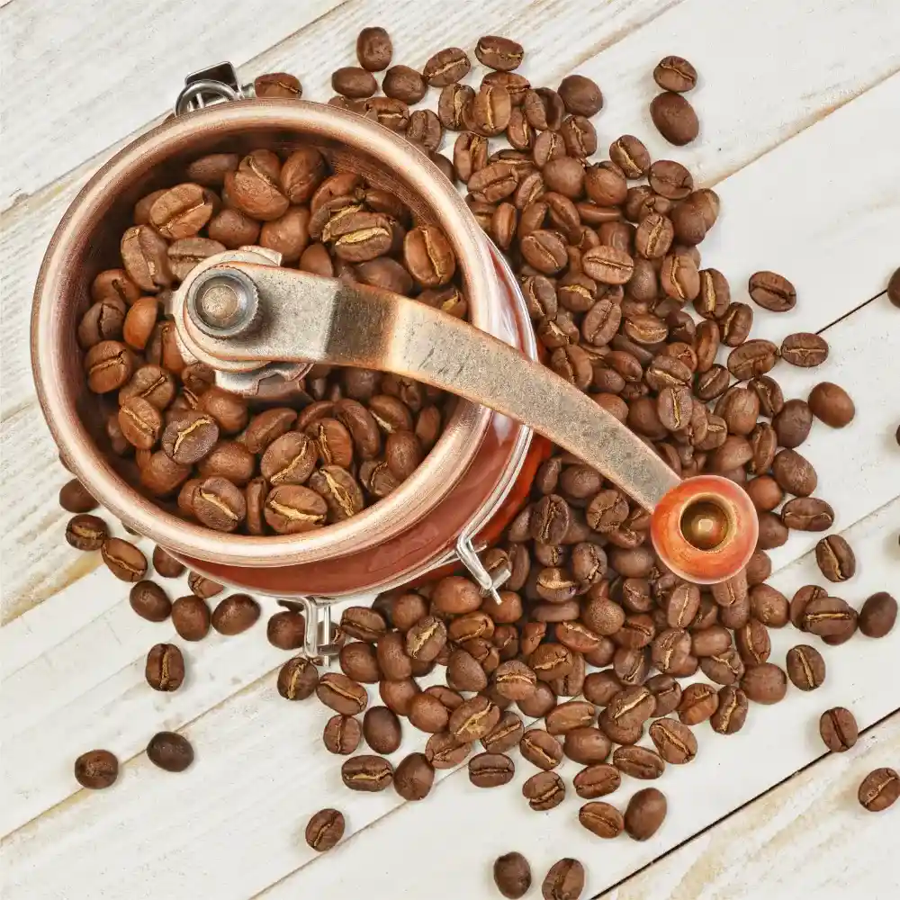 burr grinder with roasted coffee beans scattered