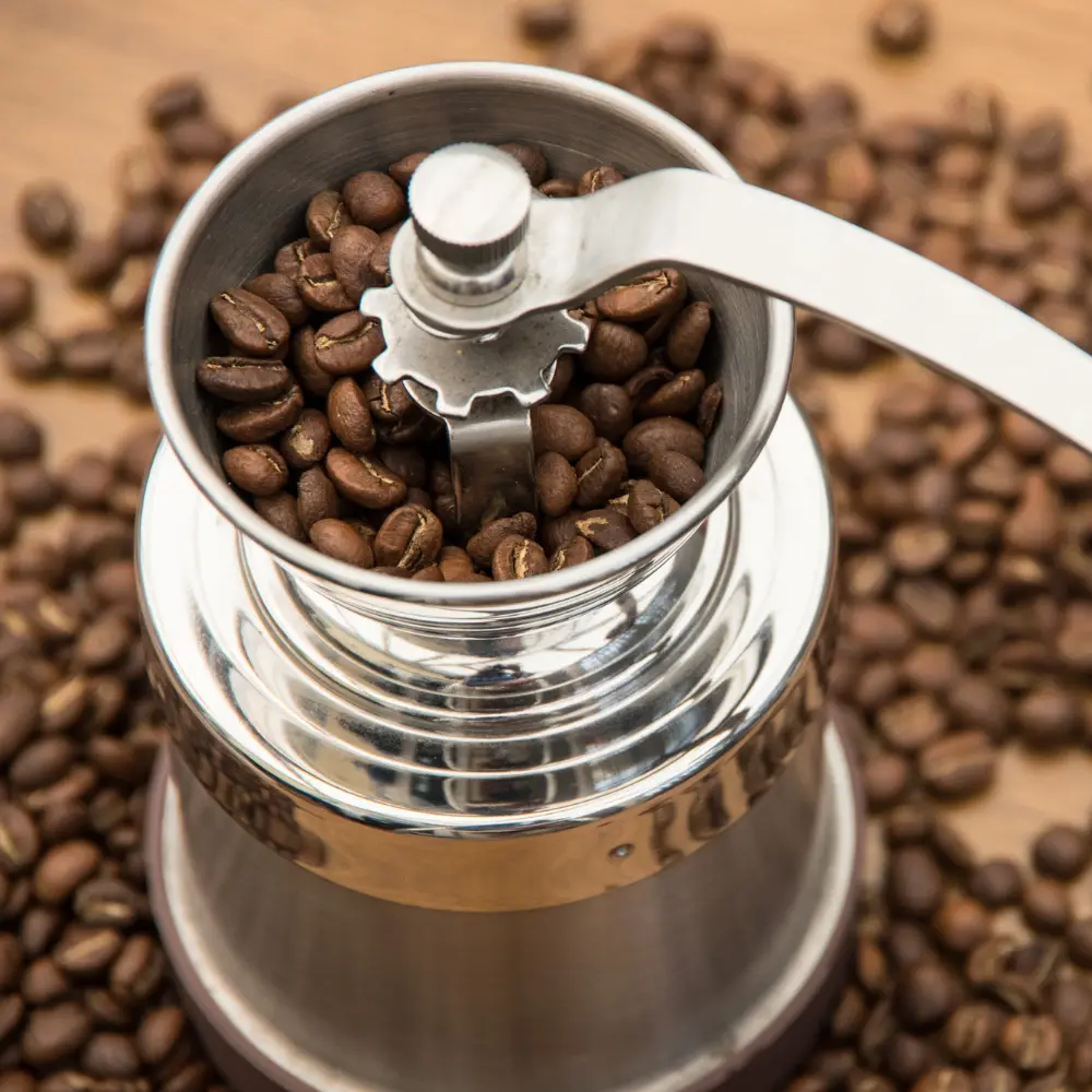 a burr grinder filled with coffee beans