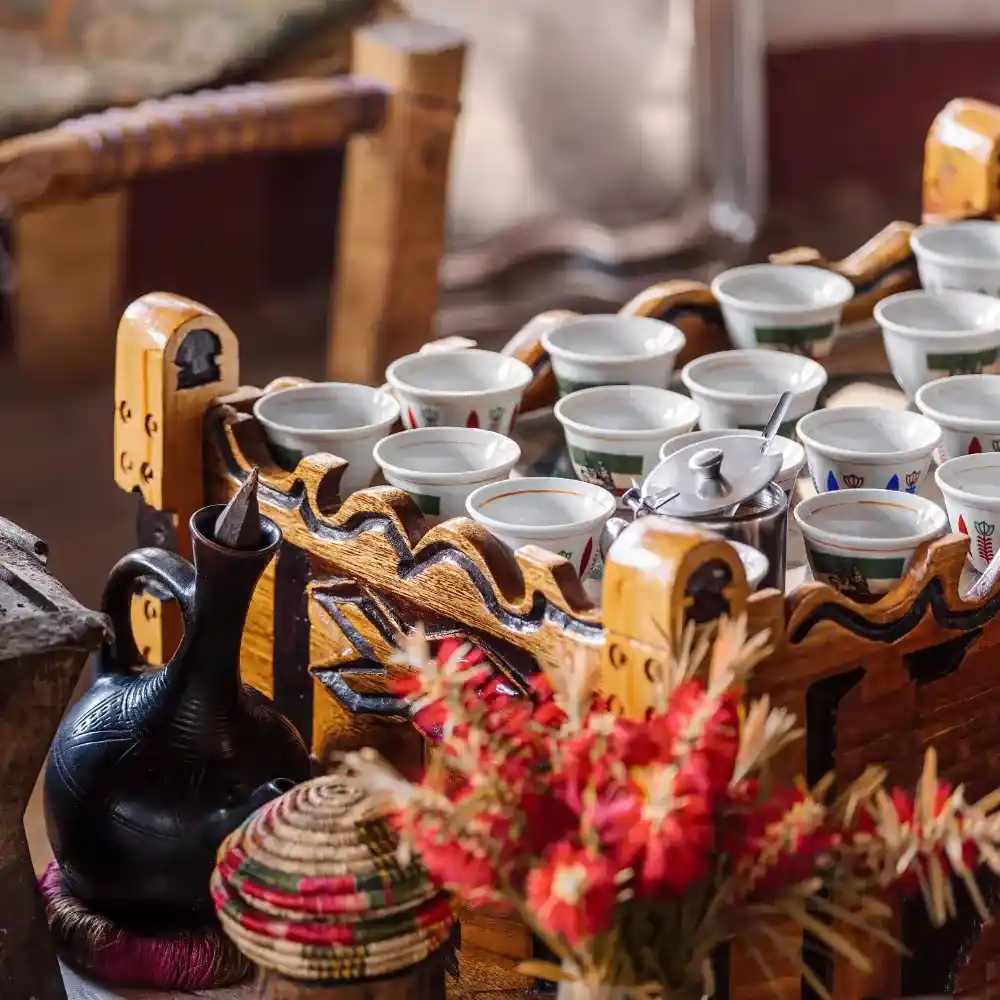 a coffee tray from an ethopian coffee ceremony known as buna tetu celebrating kaldi the goat herder