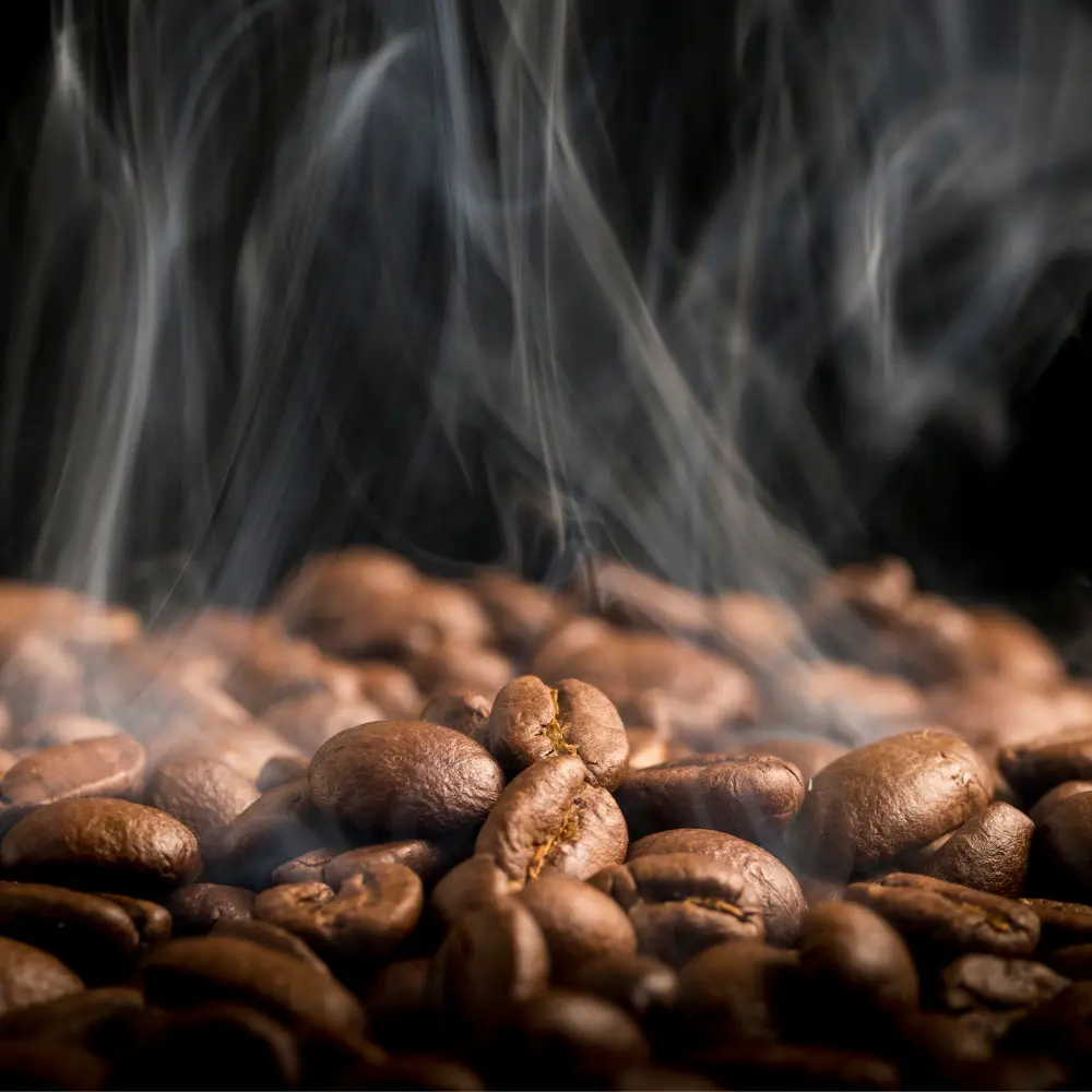 steaming freshly roasted coffee beans