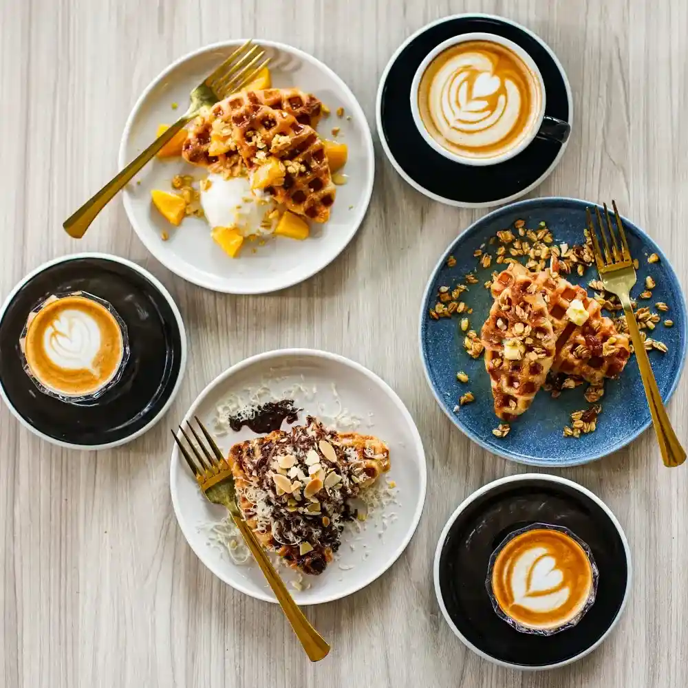 various coffee drinks with desserts