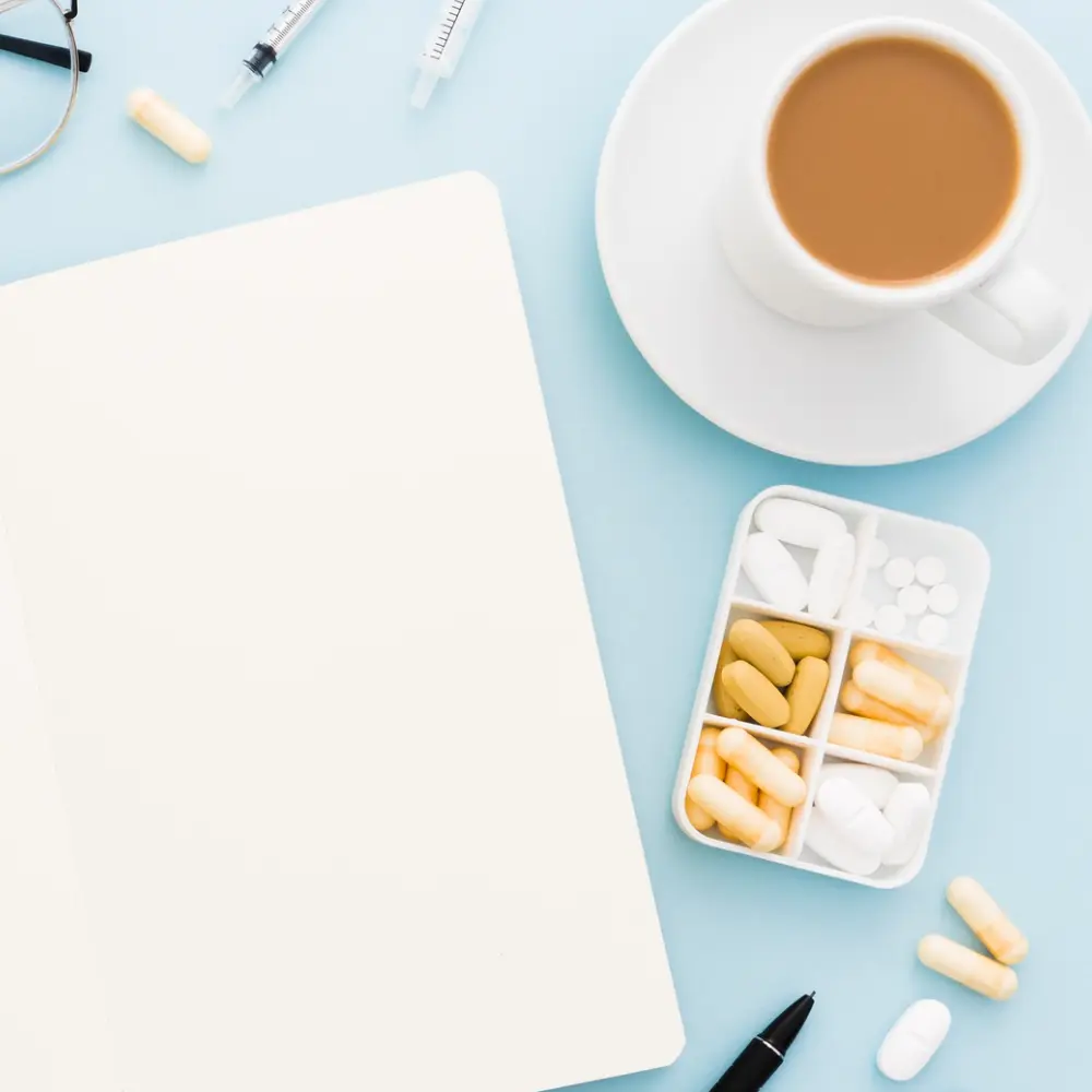 coffee with medication on a table