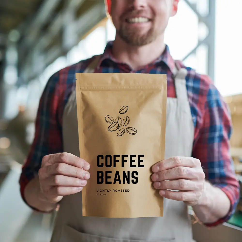 barista holding a sustainable coffee bag