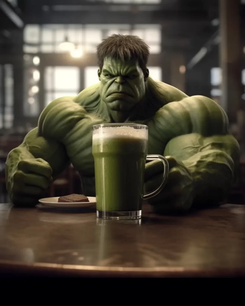 the hulk enjoying a monster sized matcha latte