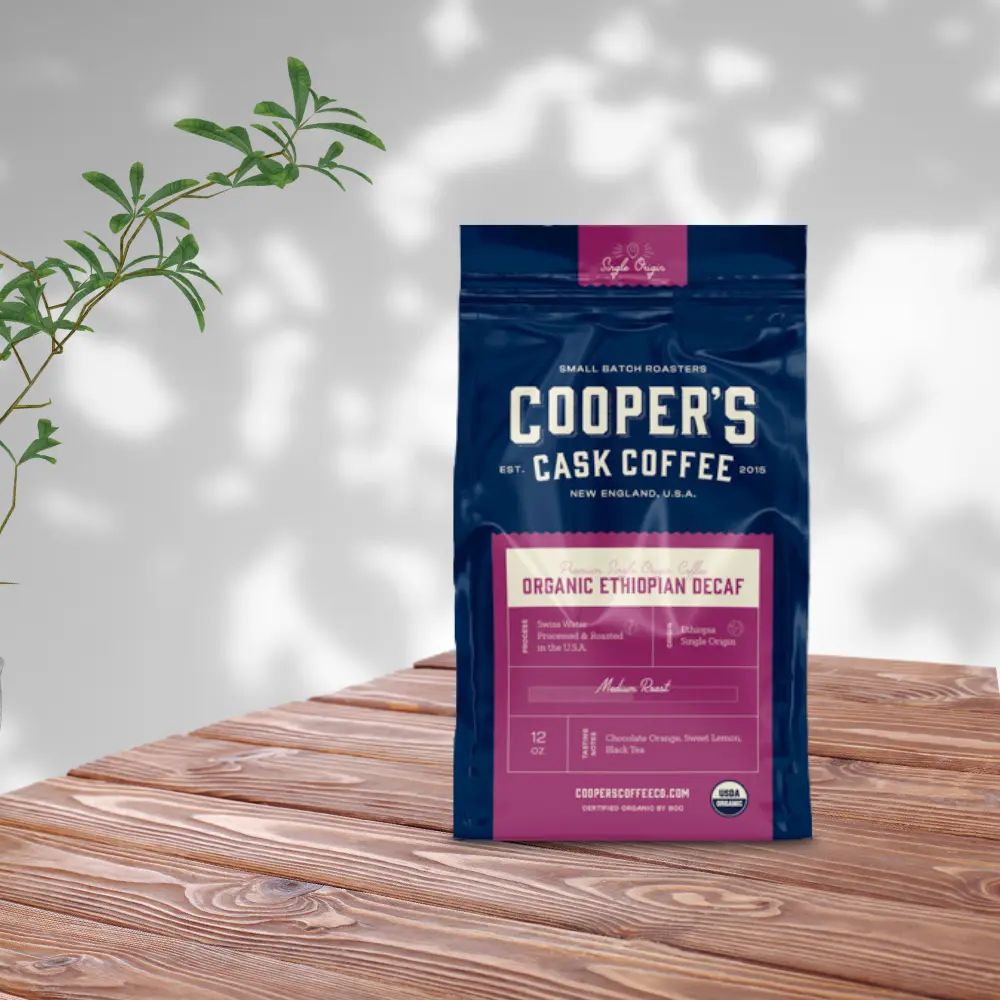 a bag of coopers cask organic ethiopia deca coffee