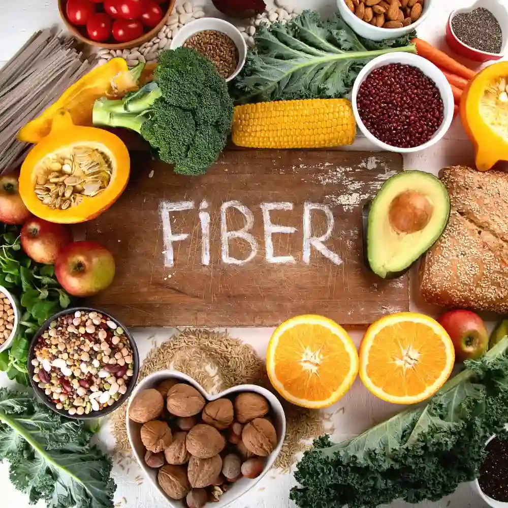 fiber written on a wooden board with fruits and vegtables