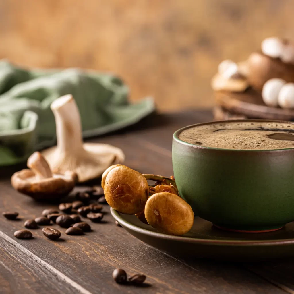mushroom coffee on a saucer with mushrooms