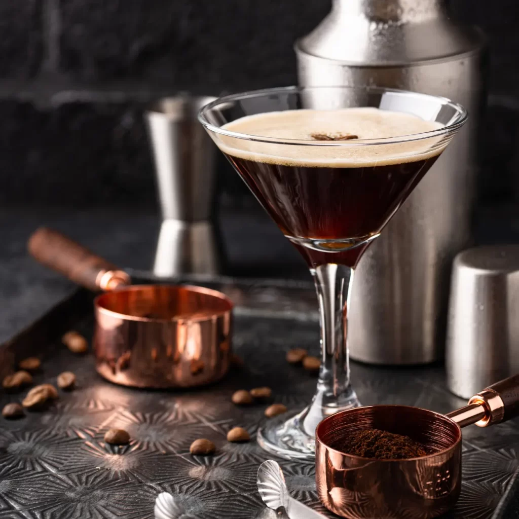 espresso martini with scattered beans