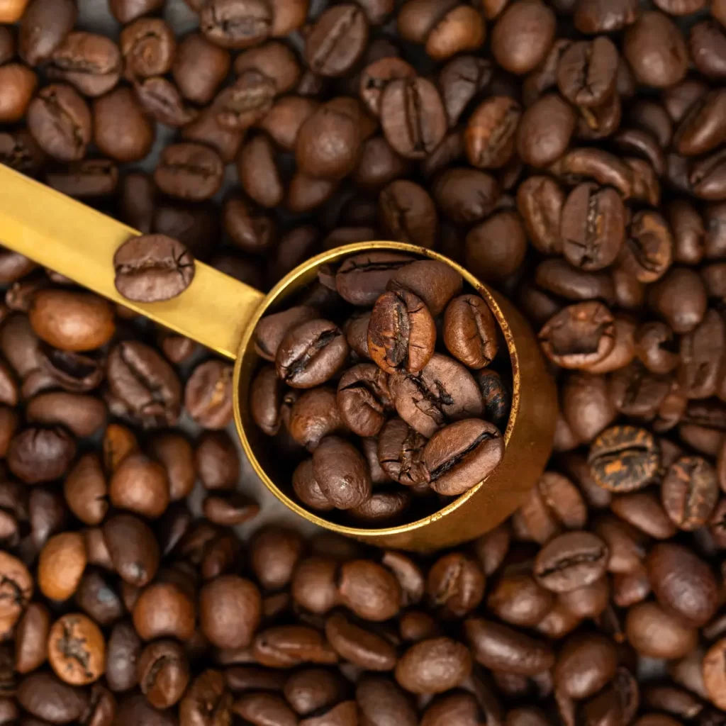 a scoop of coffee beans being measured for 12 cups of coffee