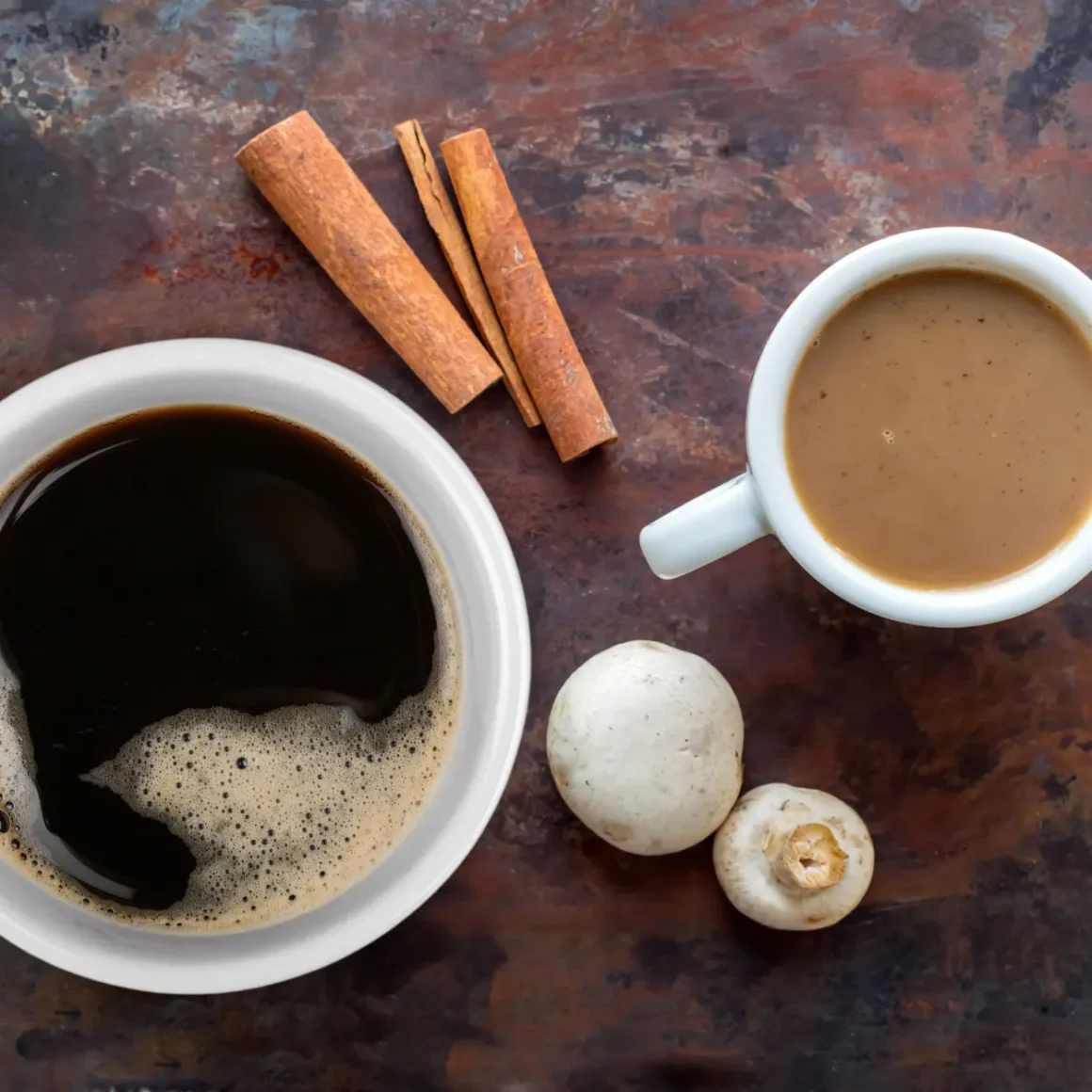 a cup of coffee and mushrooms
