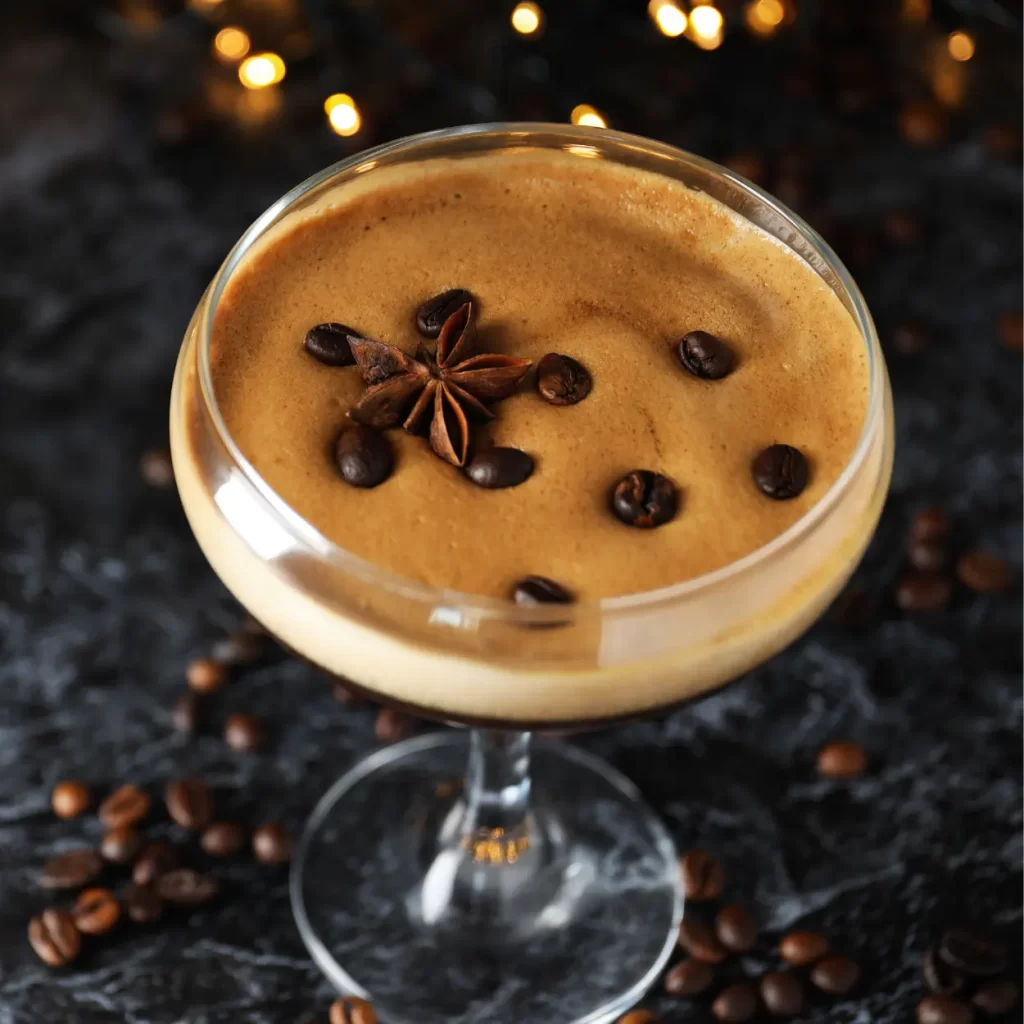 a glass of coffee with coffee beans and a star anise