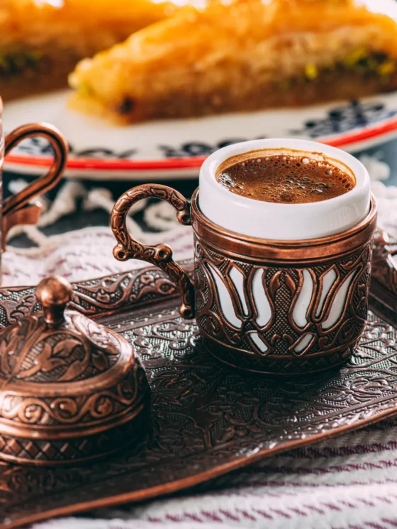 a cup of armenian coffee on a tray