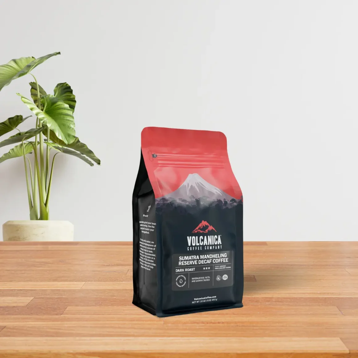 a bag of sumatra mandheling dark roast decaf coffee on a table