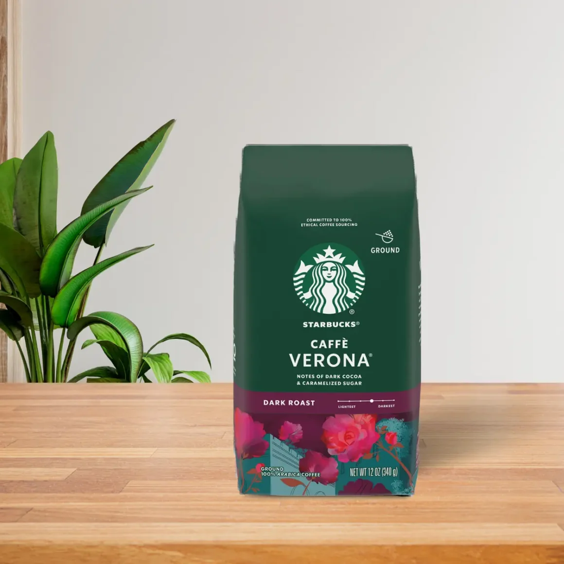 a bag of caffe verona dark roast coffee on a table