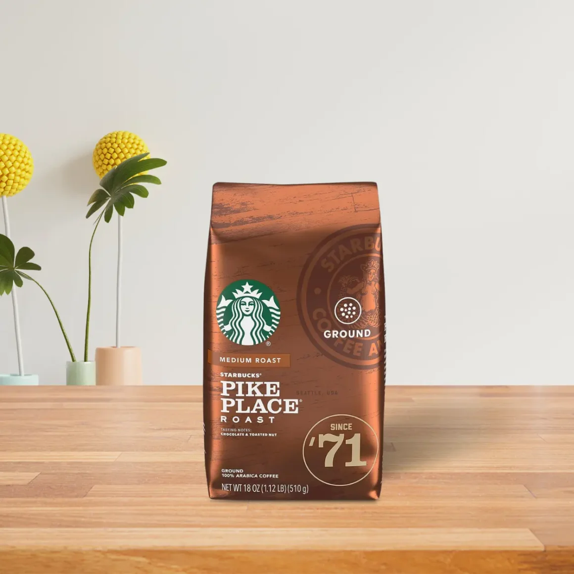 a bag of pike place roast coffee on a table