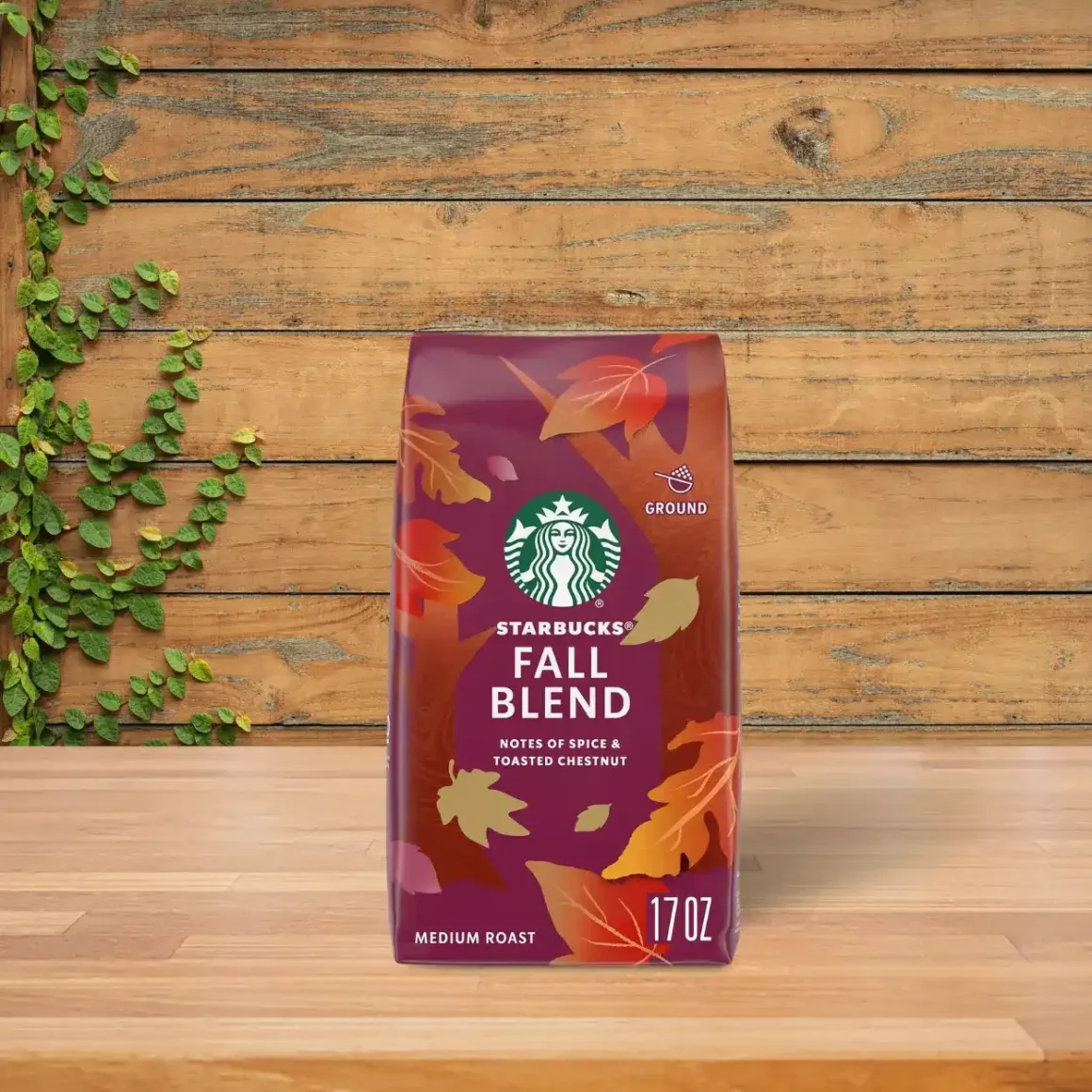 a bag of starbucks fall blend medium roast ground coffee on a table